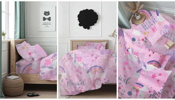 JUEGO DE SABANAS PERSONAL ESTAMPADAS FONDO ROSADO